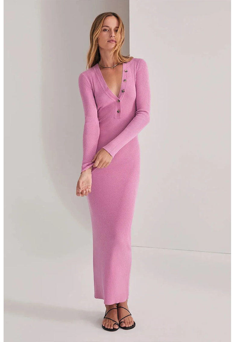 Rochie lunga din tricot cu maneci lungi si detalii din nasturi Rochie lunga din tricot cu maneci lungi si detalii din nasturi