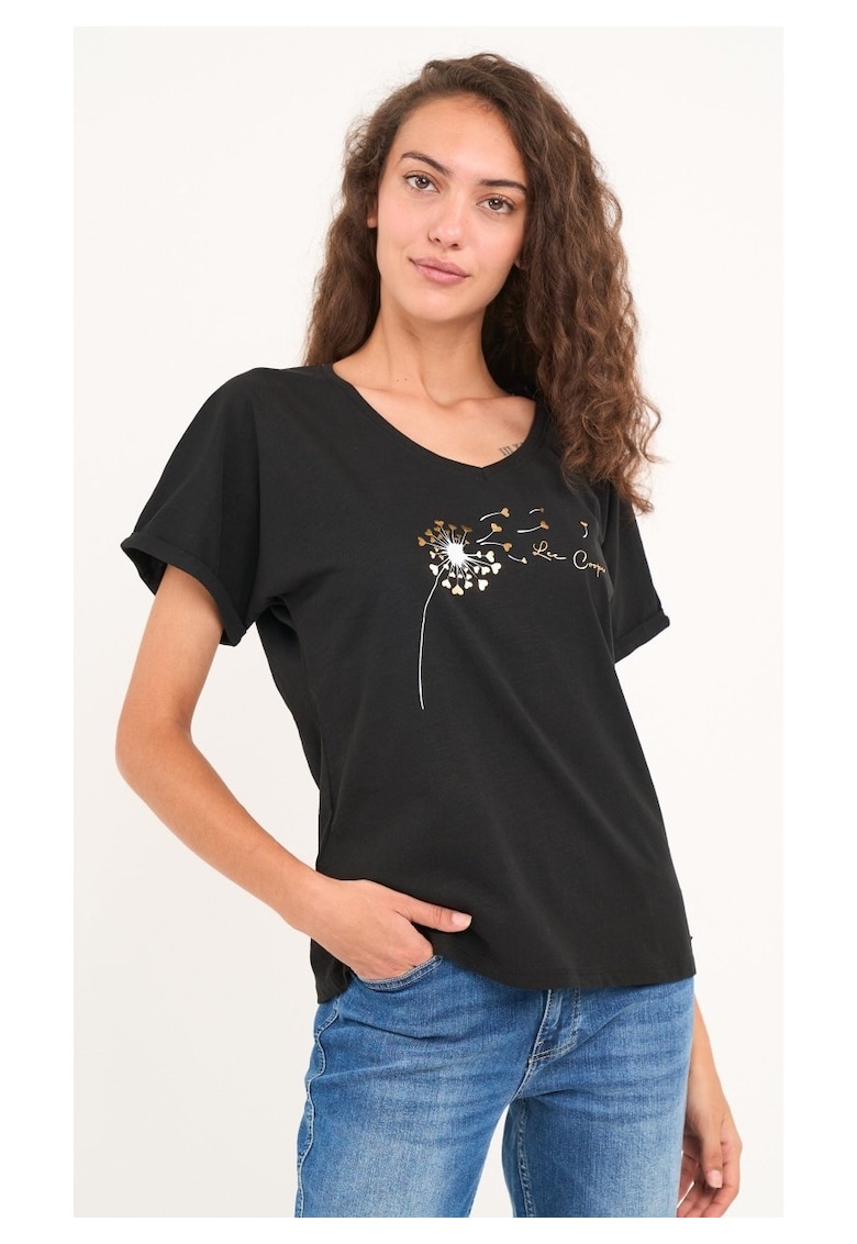 -Tricou dama cu maneca scurta si imprimeu ( BLACK - Material: Bumbac