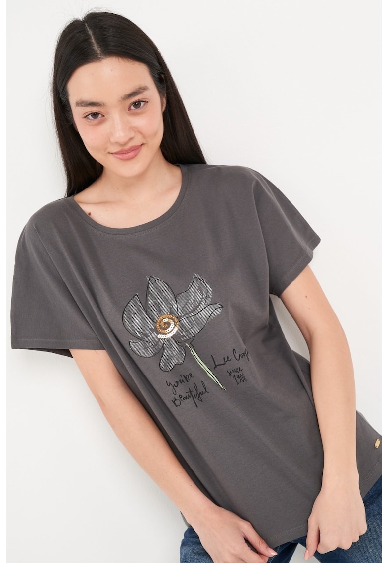 - Tricou dama maneca scurta si detalii grafice ( SMOKED PEARL - Material: Bumbac