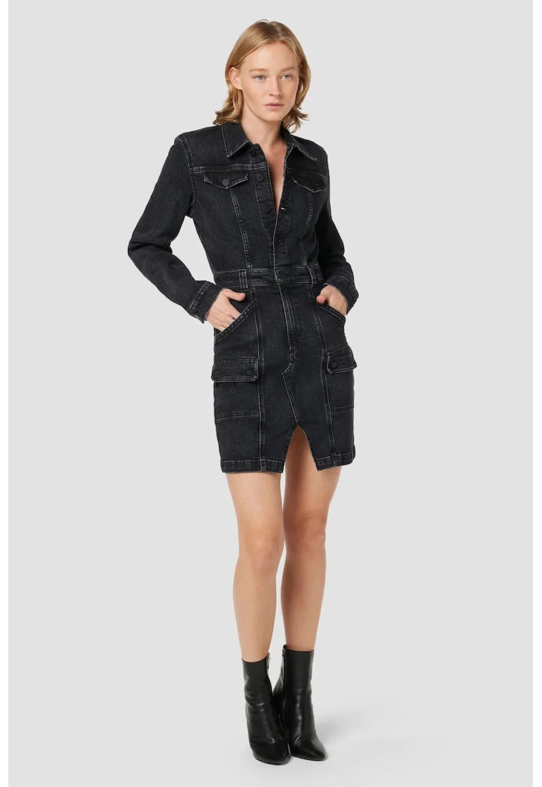 Rochie din denim cu maneci lungi si buzunare frontale