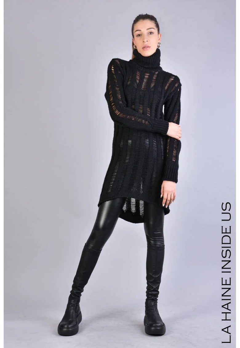 Bluza cu guler inalt dama tricotata cu model decupat si guler inalt - Negru - Bluza cu guler inalt dama tricotata cu model decupat si guler inalt - Negru -