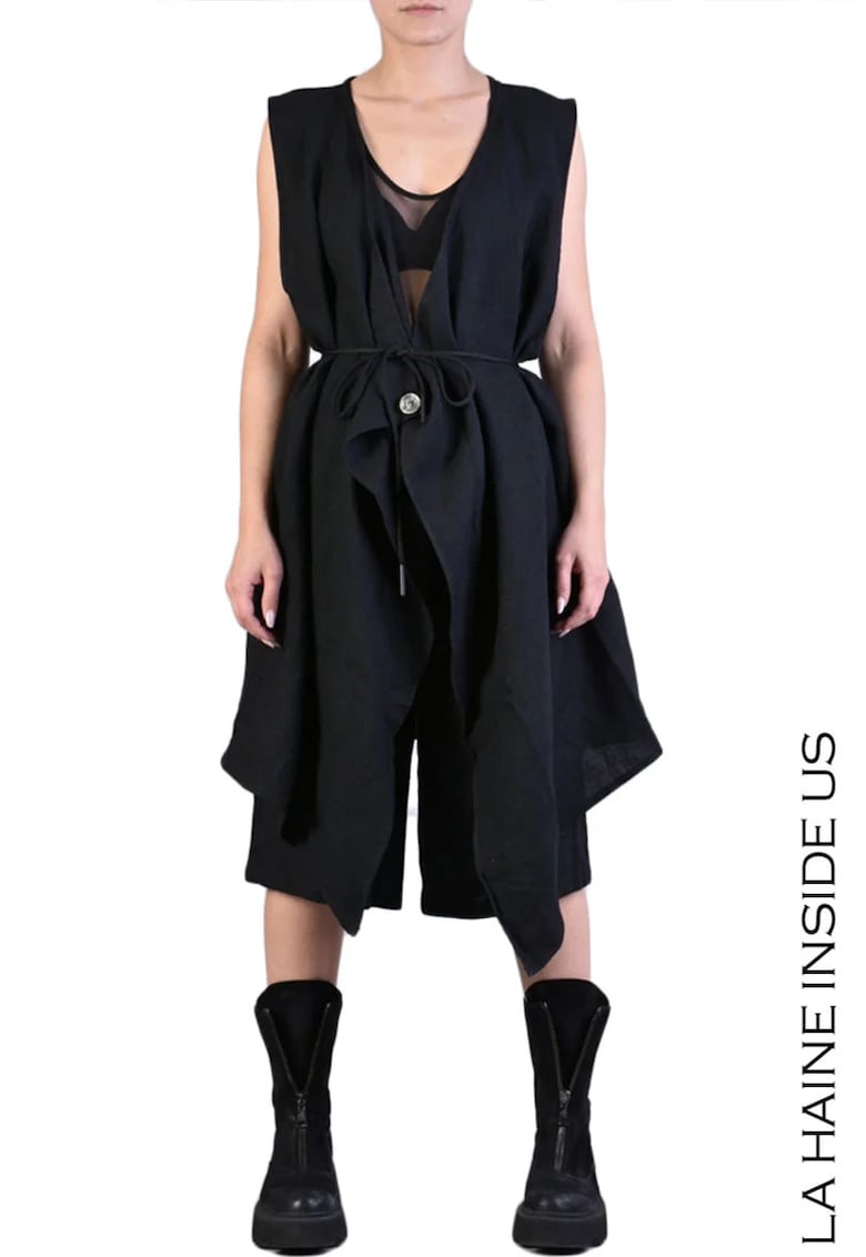 Vesta asimetrica din in - cordon detasabil - prindere nasture