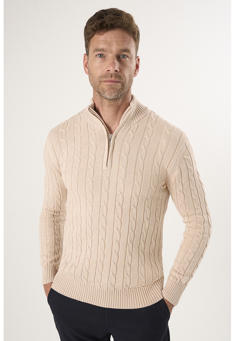 Pulover regular fit cu fenta cu fermoar - Bej
