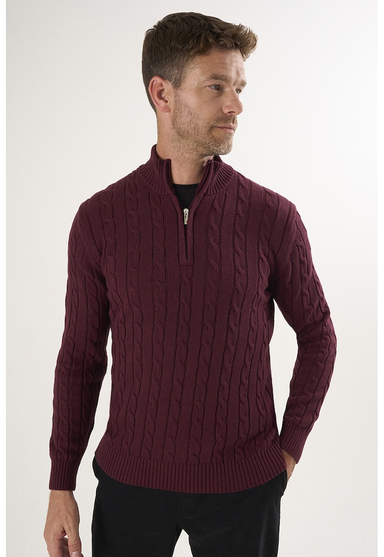 Pulover regular fit cu fenta cu fermoar - Visiniu