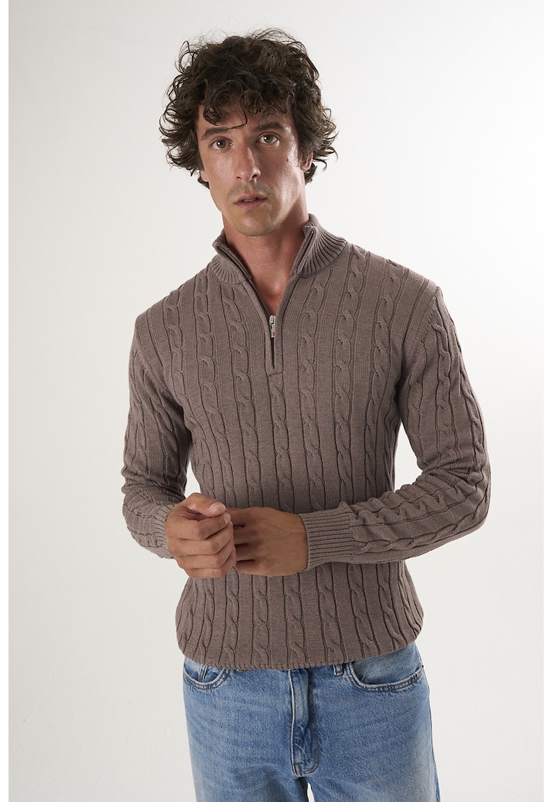 Pulover regular fit cu fenta cu fermoar - Maro
