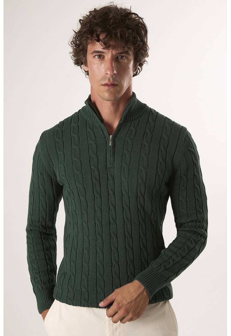 Pulover regular fit cu fenta cu fermoar - Verde englez