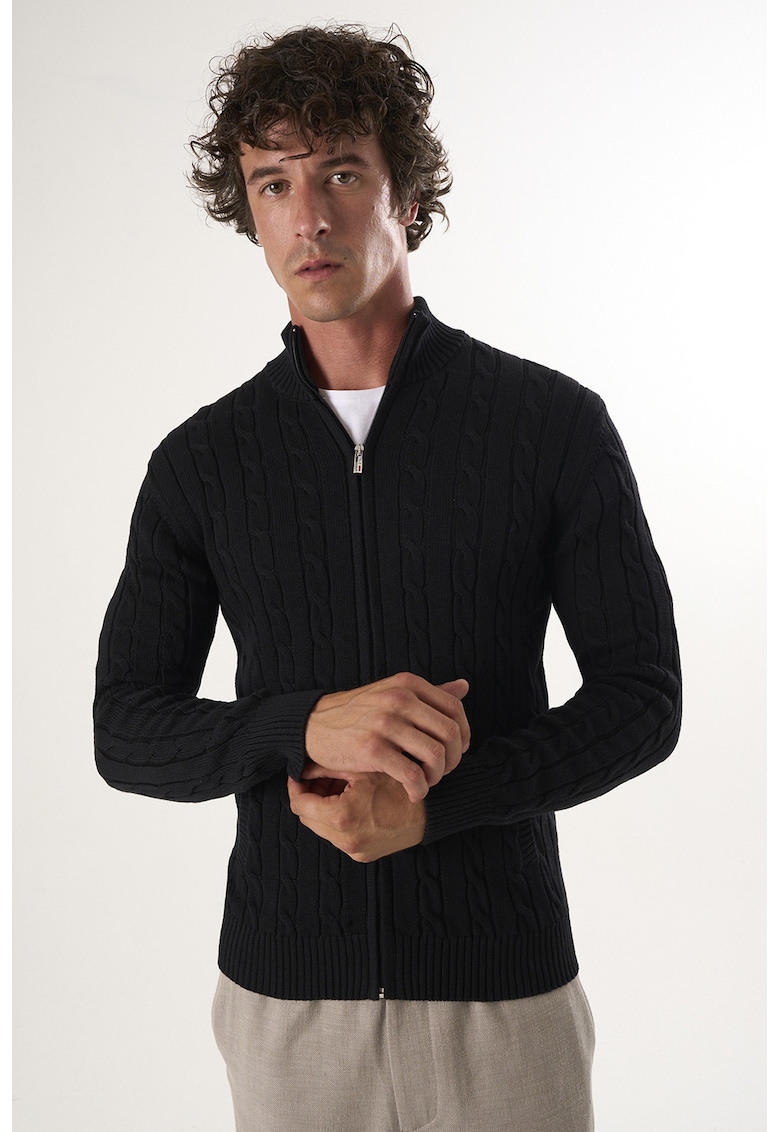 Cardigan uni de bumbac cu fermoar - Negru