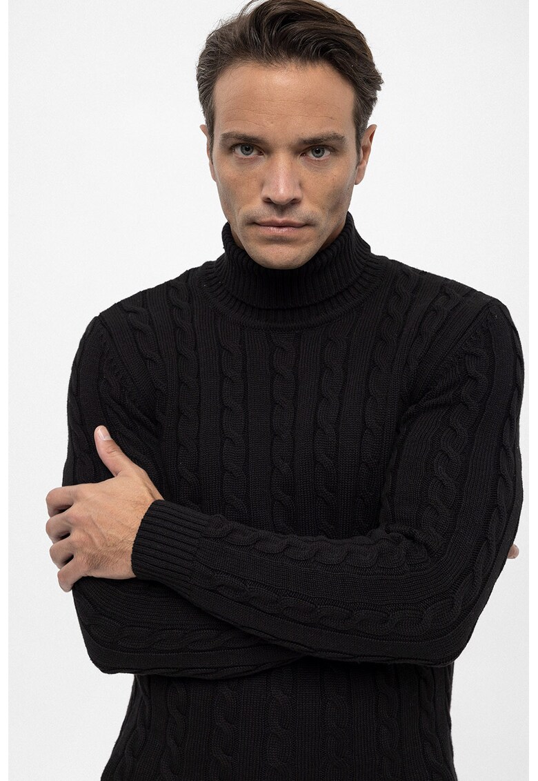 Pulover cu guler inalt si model torsade - Negru