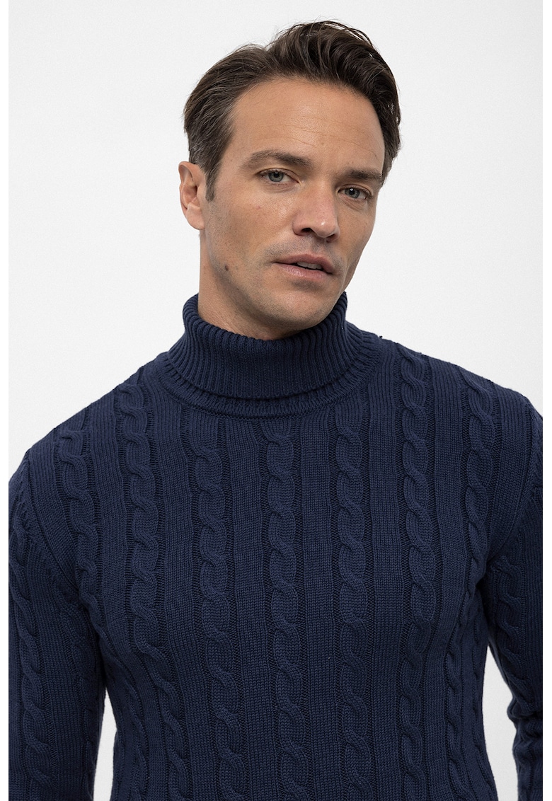 Pulover cu guler inalt si model torsade - Bleumarin