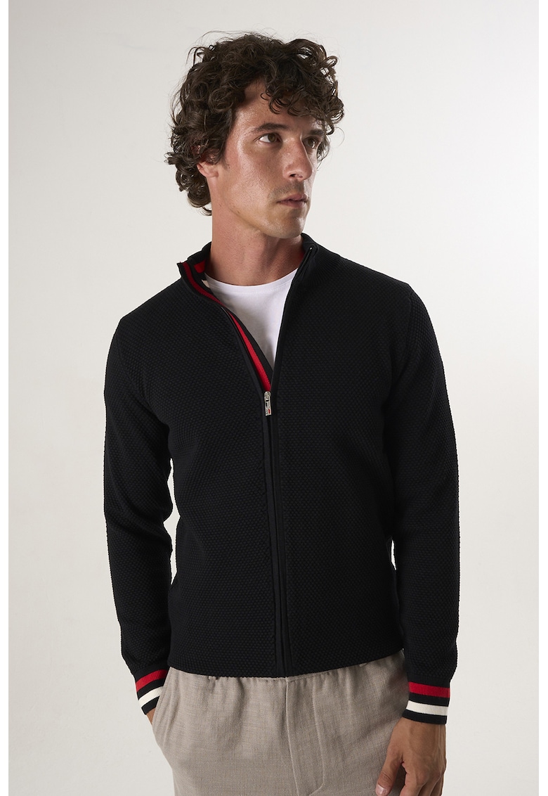 Cardigan tricotat cu terminatii cu dungi - Negru