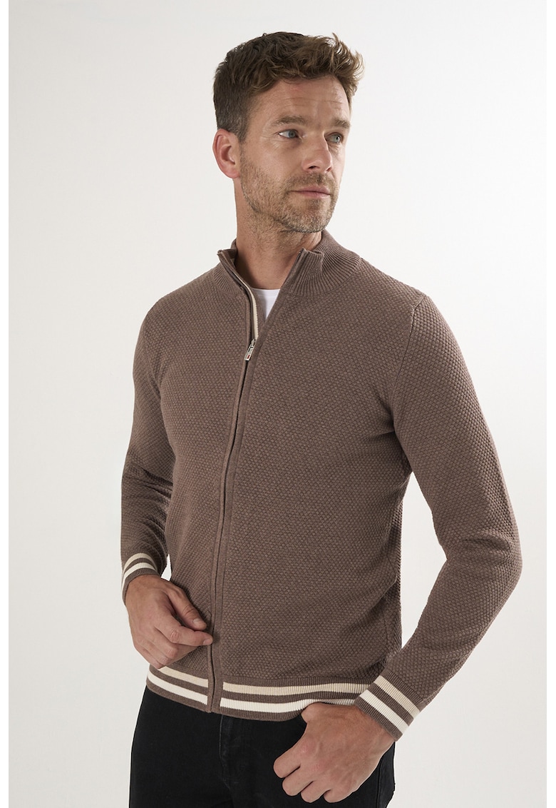 Cardigan tricotat cu terminatii cu dungi - Maro