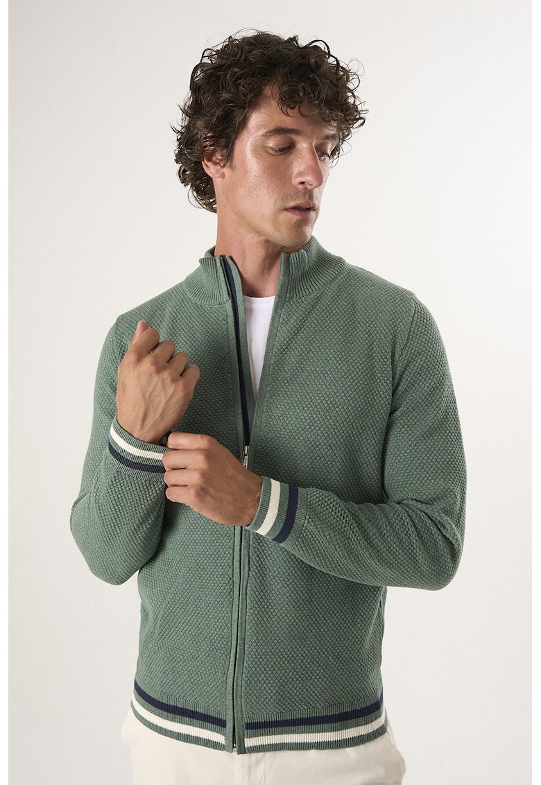 Cardigan tricotat cu terminatii cu dungi - Verde pal