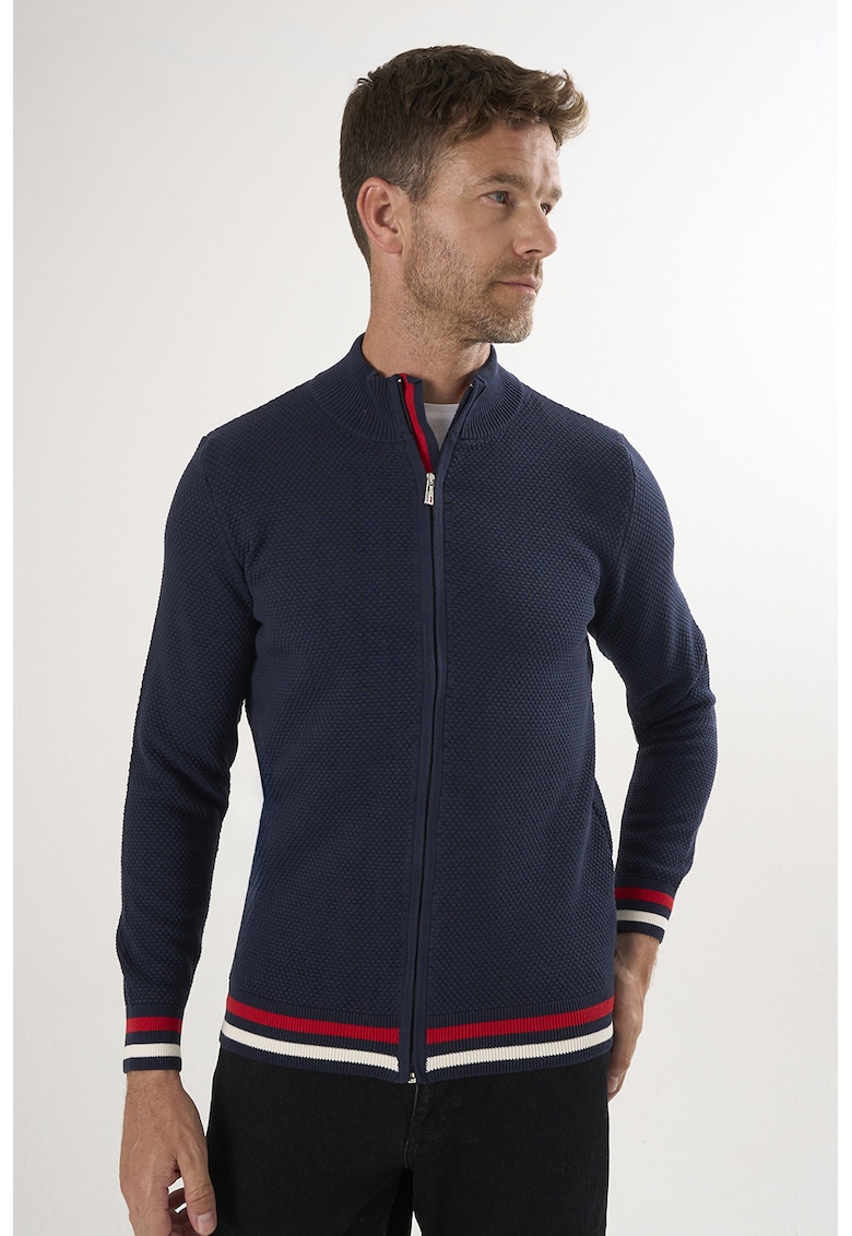 Cardigan tricotat cu terminatii cu dungi - Bleumarin