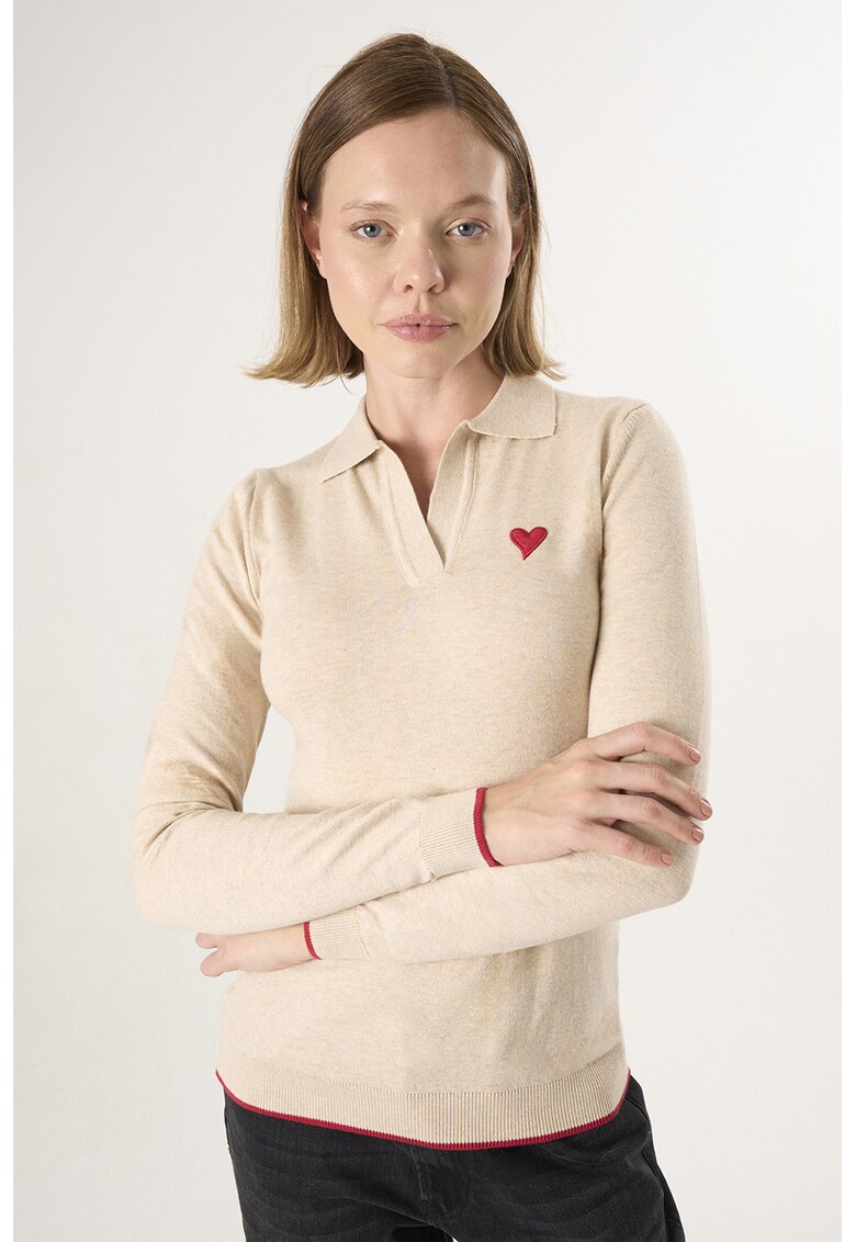 Pulover polo cu terminatie contrastante - Bej
