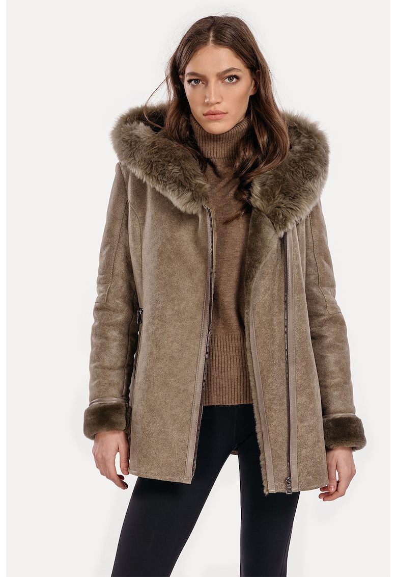 Haina din piele intoarsa cu blana shearling de miel Nina