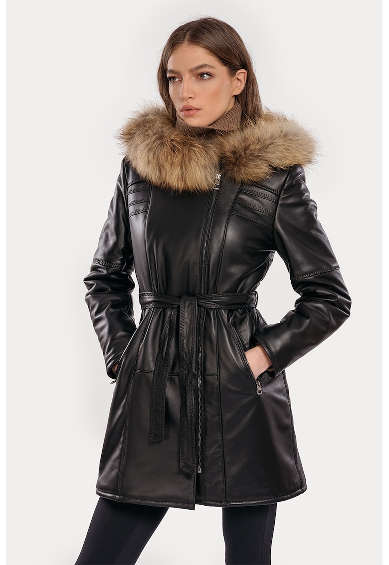 Palton de piele cu garnitura de blana Paula - Negru