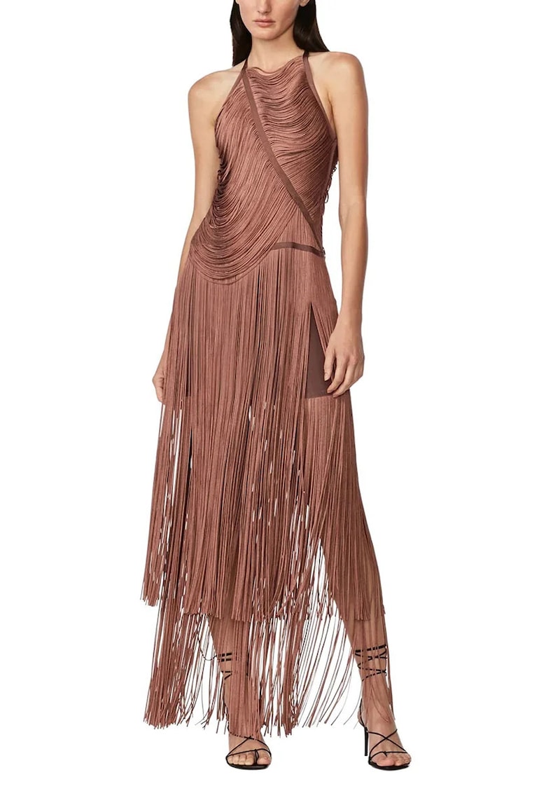 Rochie lunga de ocazie - cu franjuri - cu o croiala drapata - realizata pe o baza de bandaj care sculpteaza si modeleaza corpul