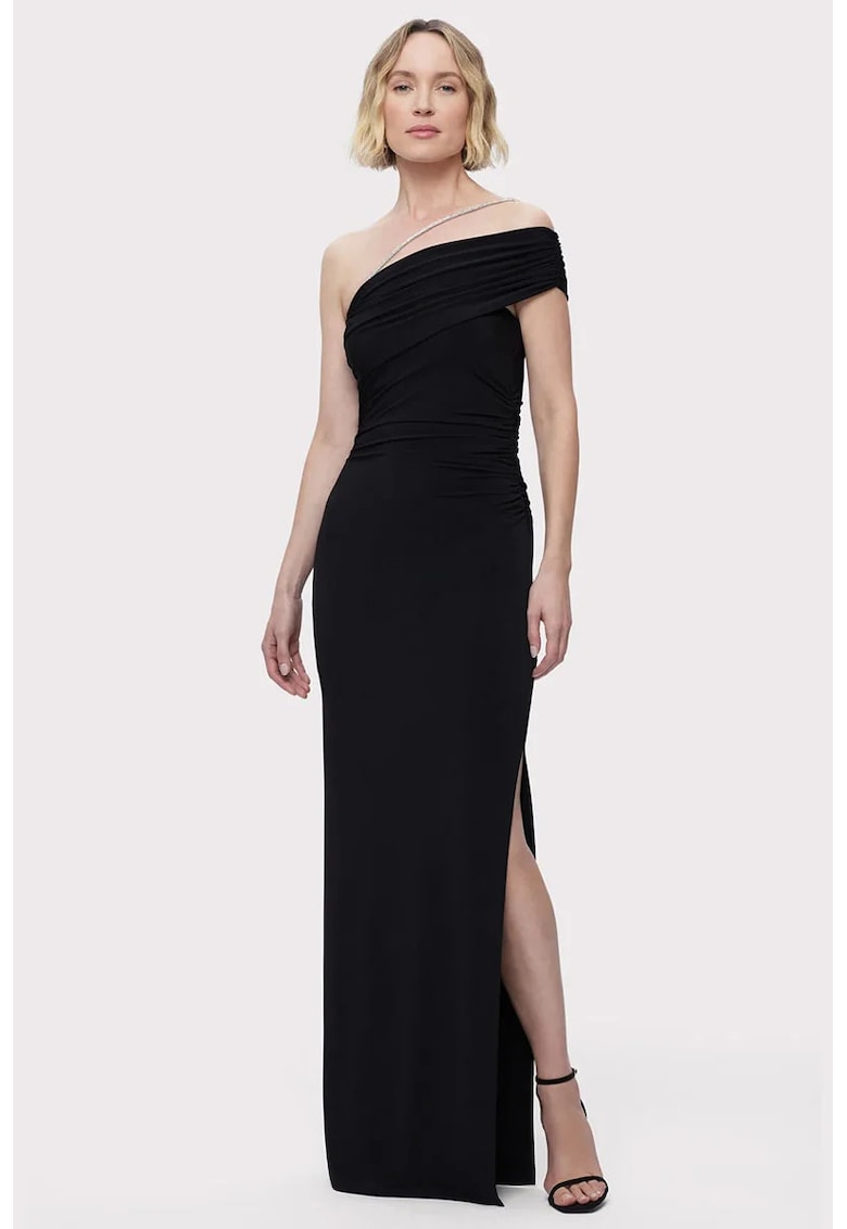 Rochie lunga cu umerii goi - drapaj lateral si detaliu tip snur din cristale - Negru