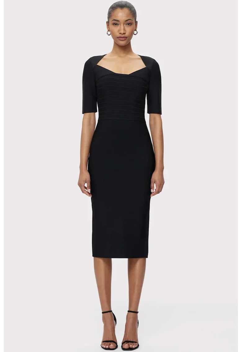 Rochie midi cu umarul gol si efect de sculptare a siletei HL2 - Negru