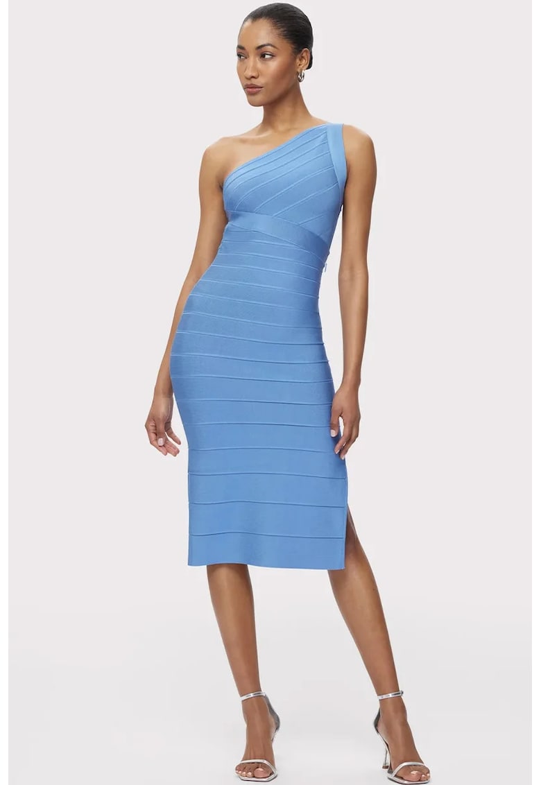 Herve Leger Rochie midi cu umarul gol si efect de sculptare a siluetei - Albastru