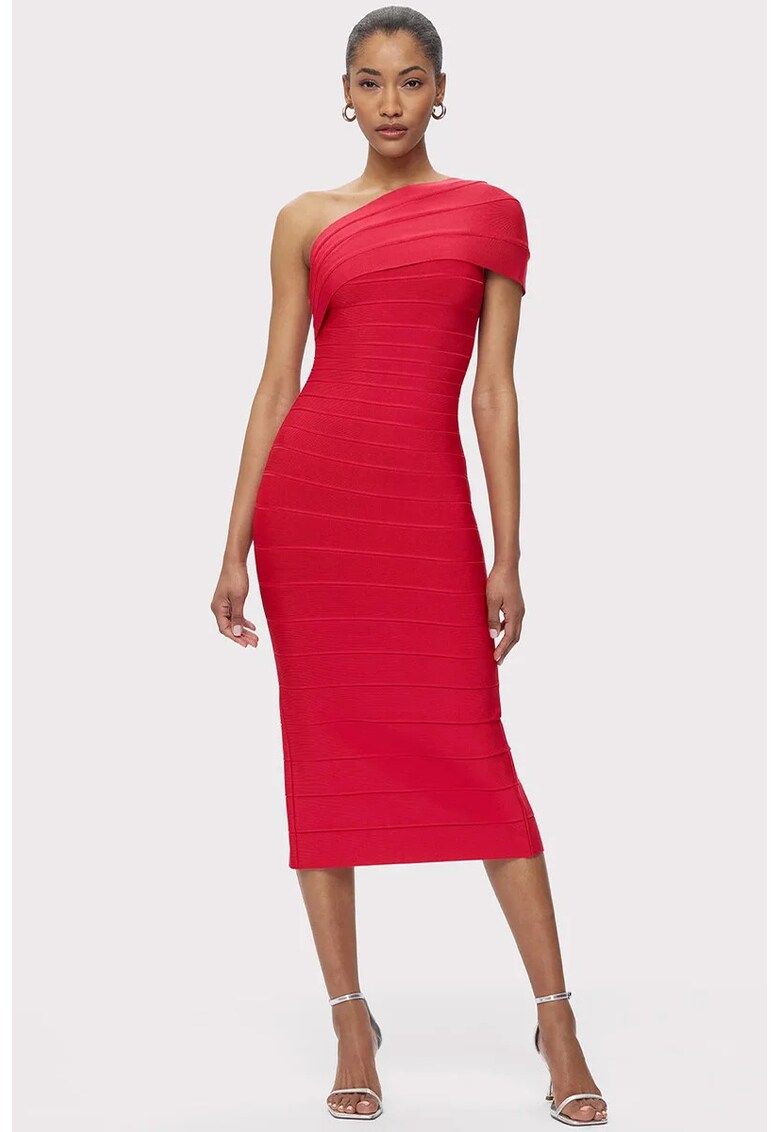 Rochie midi cu umarul gol si efect de sculptare a siluetei HL1 - Rosu