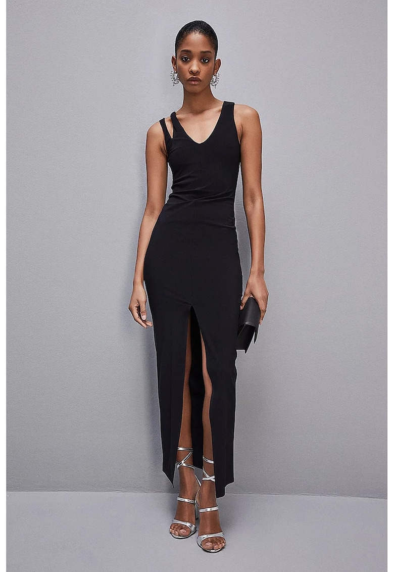 Rochie din jersey elastic pana la genunchi - fara maneci cu decolteu in V - Negru