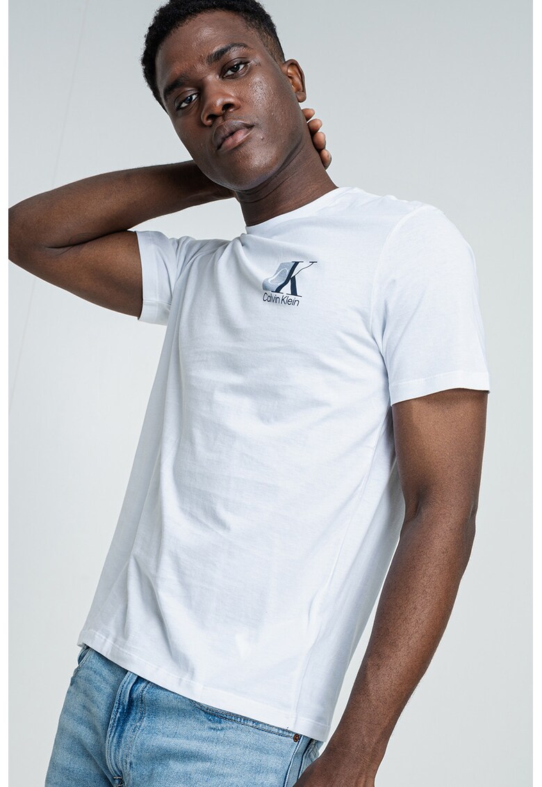 Tricou din bumbac cu decolteu la baza gatului - Alb/Albastru inchis