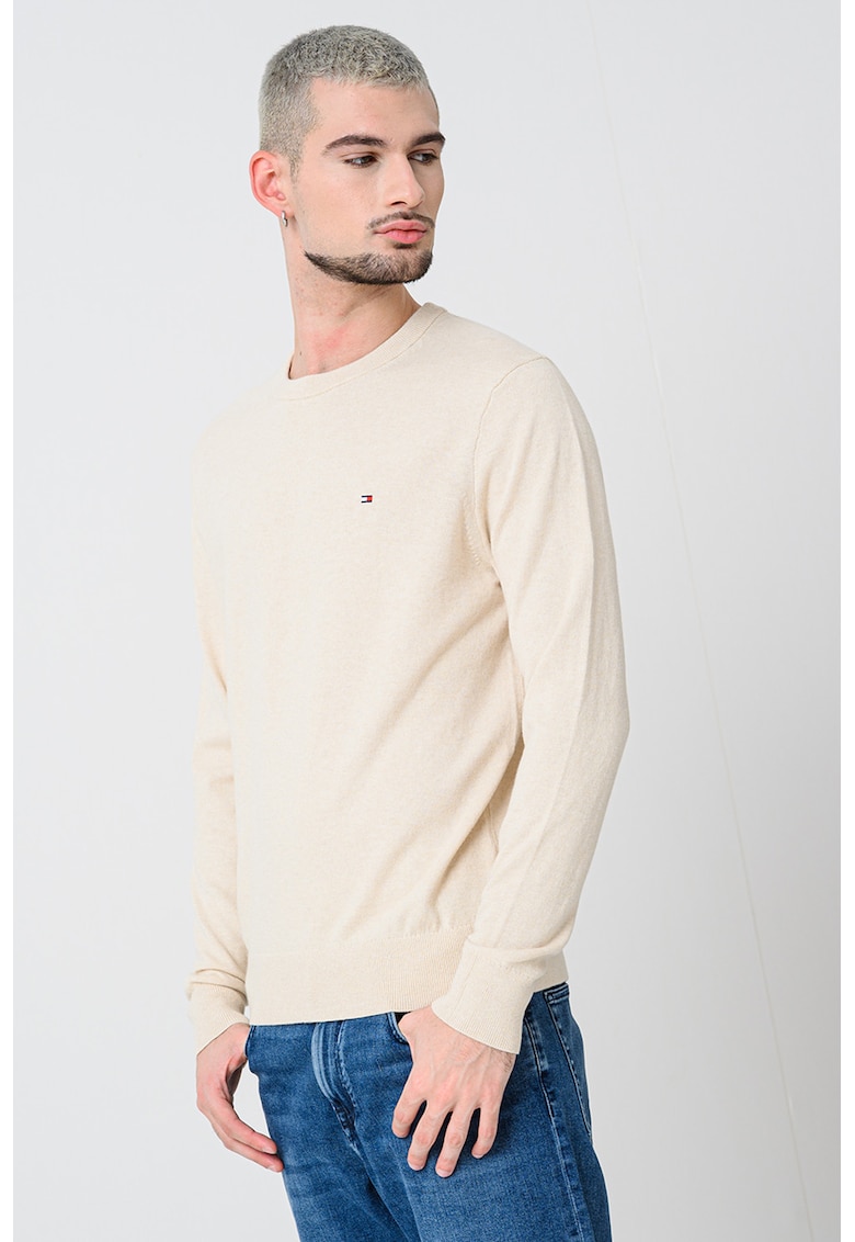 Pulover din amestec de casmir si bumbac organic cu decolteu la baza gatului