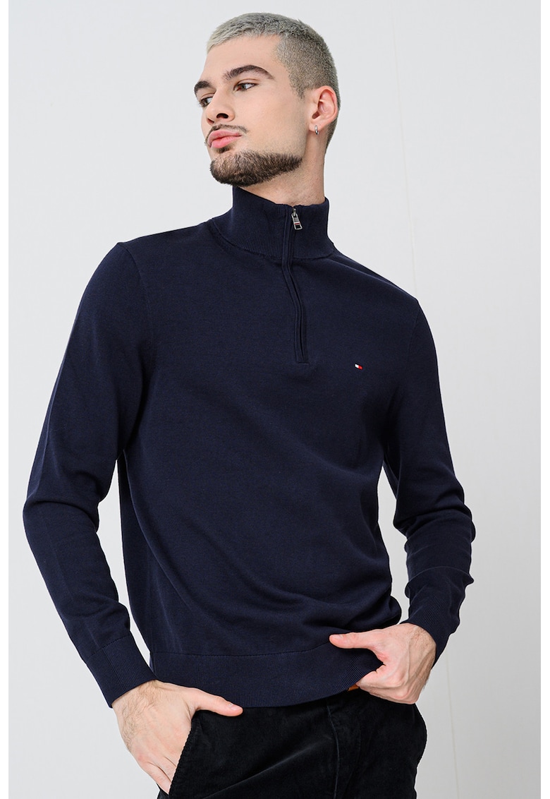 Pulover din bumbac cu fenta cu fermoar - Albastru ultramarin