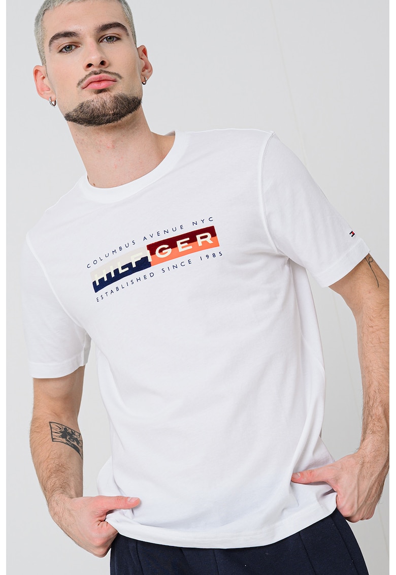 Tricou cu decolteu la baza gatului si imprimeu - Alb/Portocaliu/Bleumarin