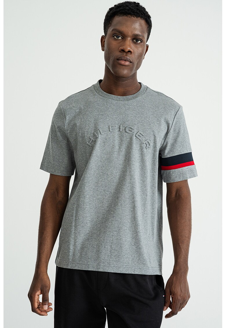 Tricou cu logo brodat - Gri inchis melange