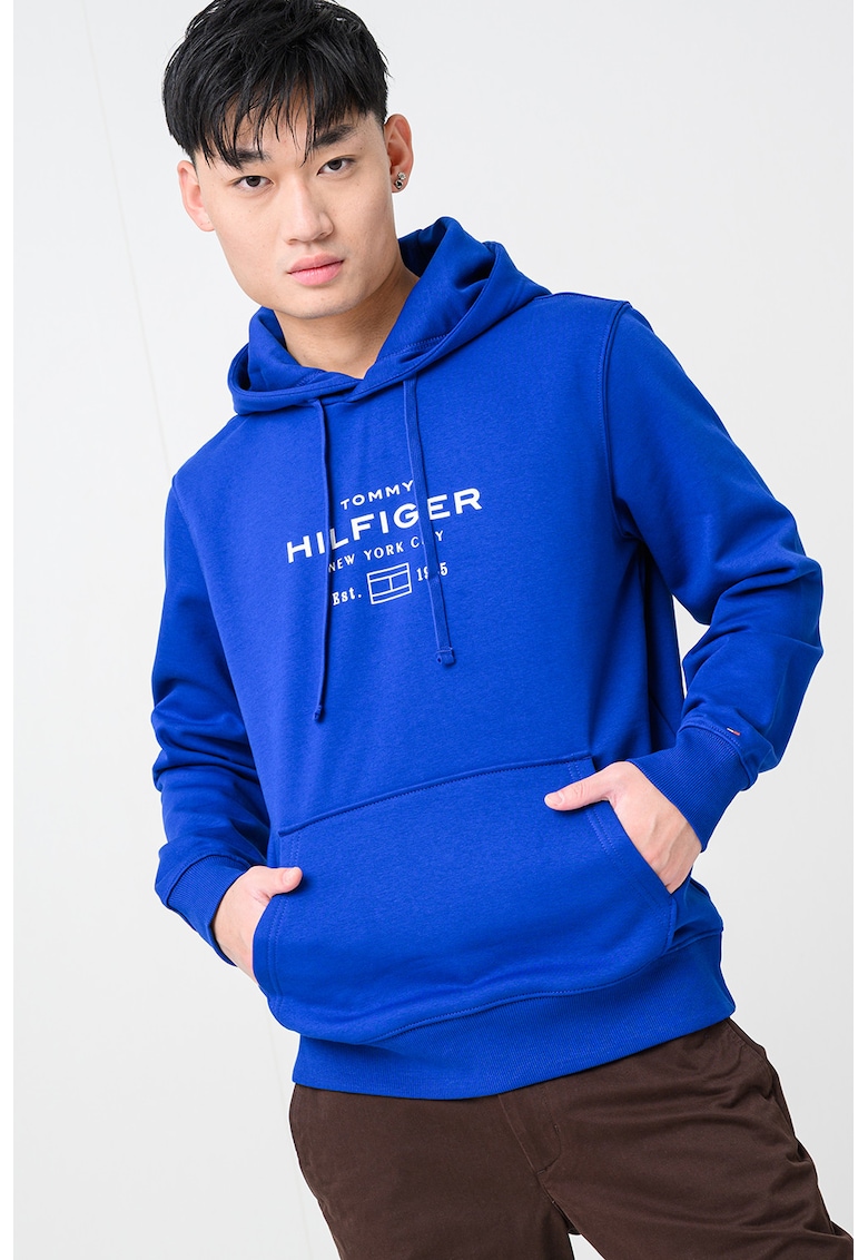 Hanorac cu buzunar kangaroo si logo - Albastru royal/Alb optic