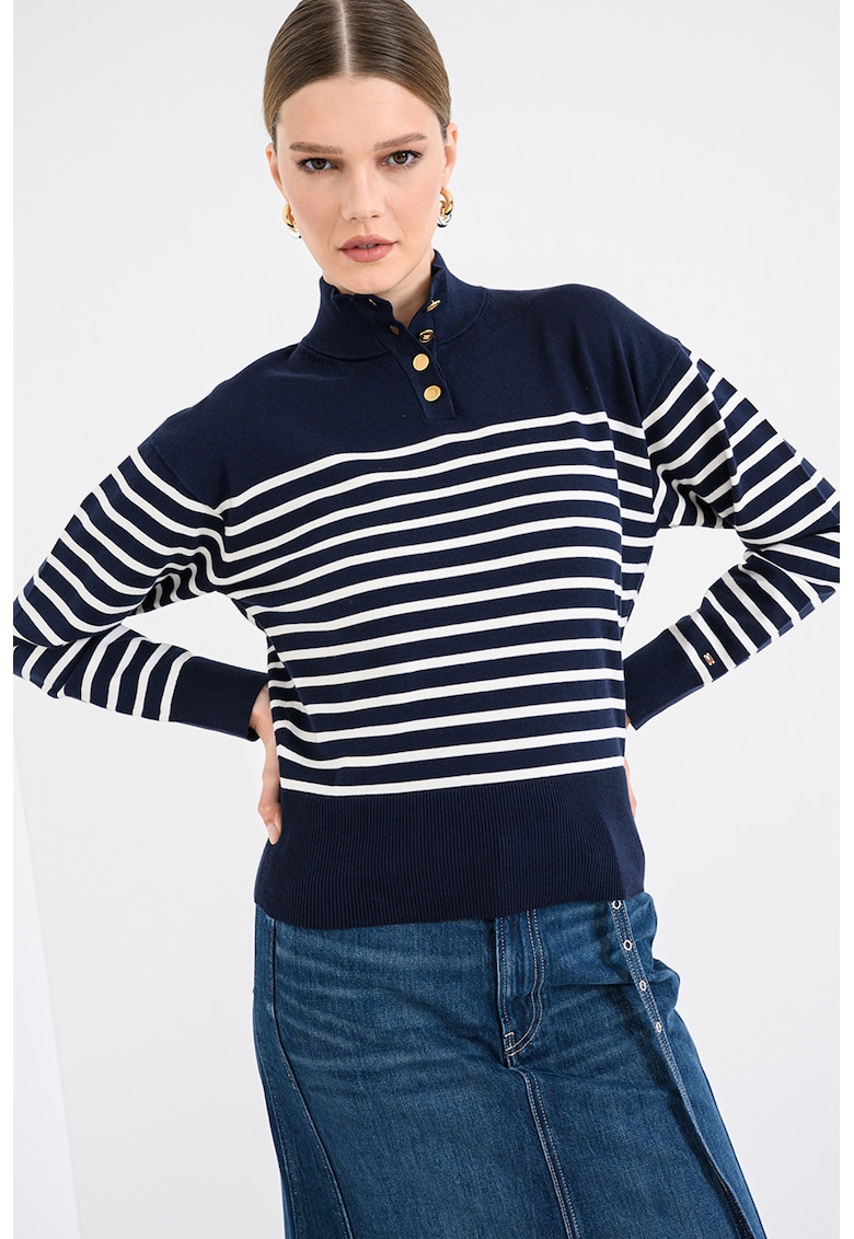 Pulover din amestec de bumbac organic cu fenta cu nasturi si dungi