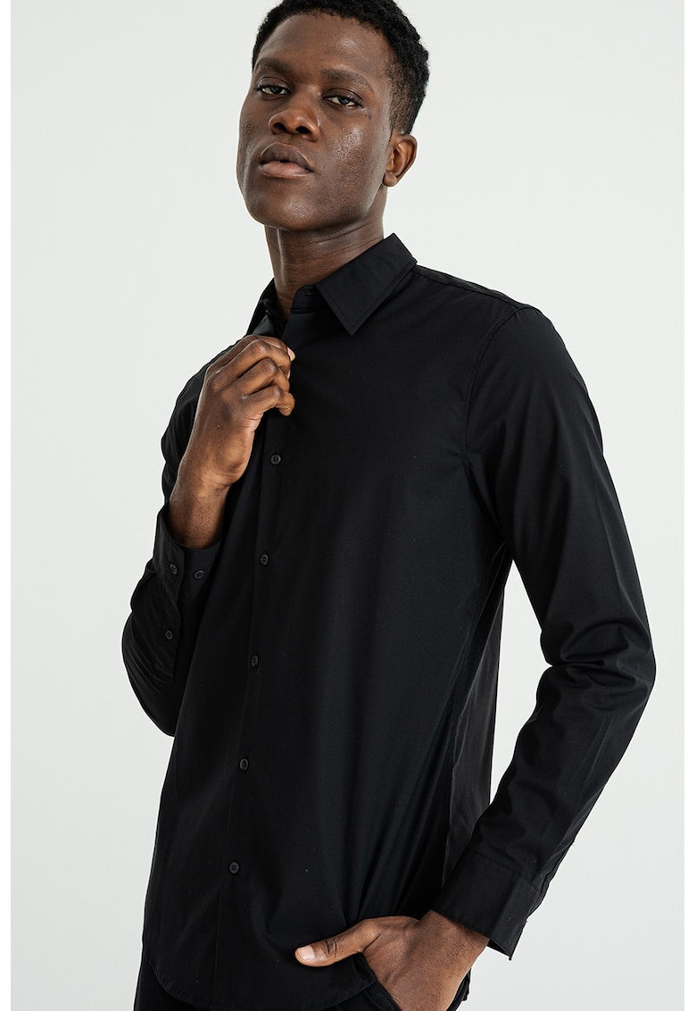 Camasa din amestec de bumbac cu model uni si guler ascutit