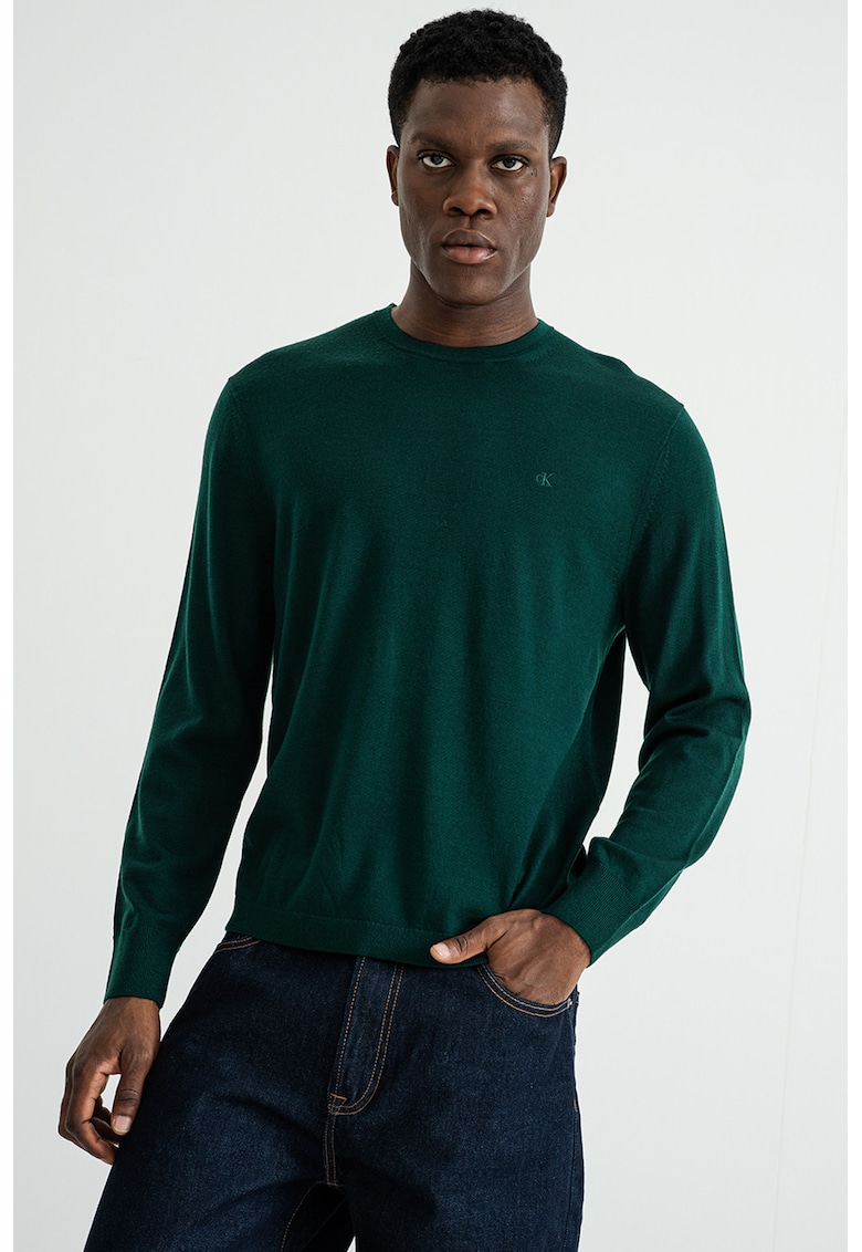 Pulover din lana cu decolteu la baza gatului - Verde englez