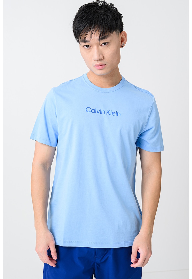 Tricou cu decolteu la baza gatului si imprimeu logo - Albastru lavanda