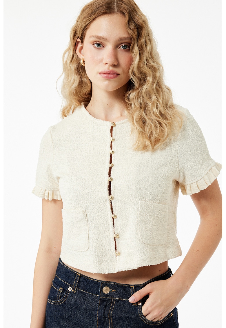 Bluza crop texturata cu mansete cu volane