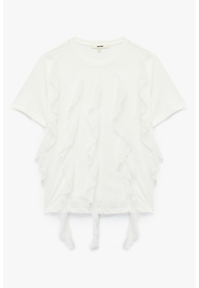 Tricou din bumbac cu garnituri cu volane - Alb