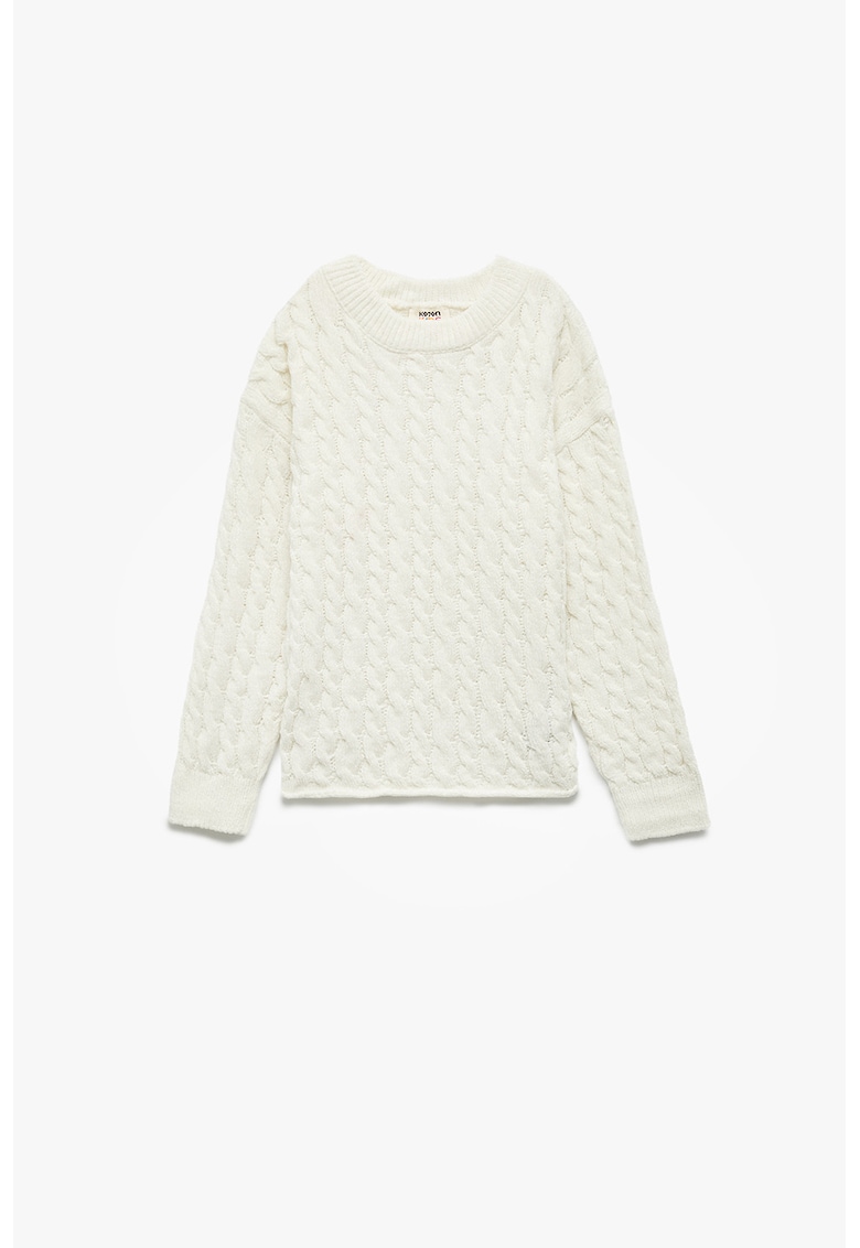 Pulover cu decolteu rotuns si model torsade - Alb fildes