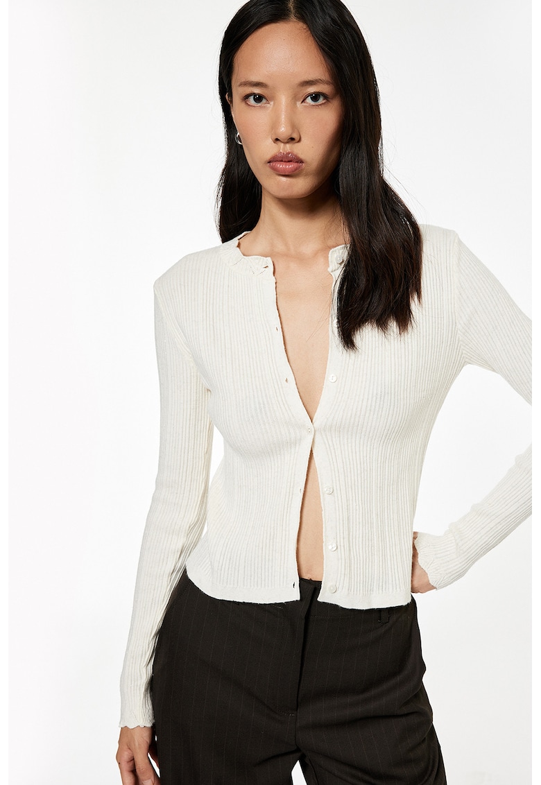 Cardigan slim fit striat - Alb fildes