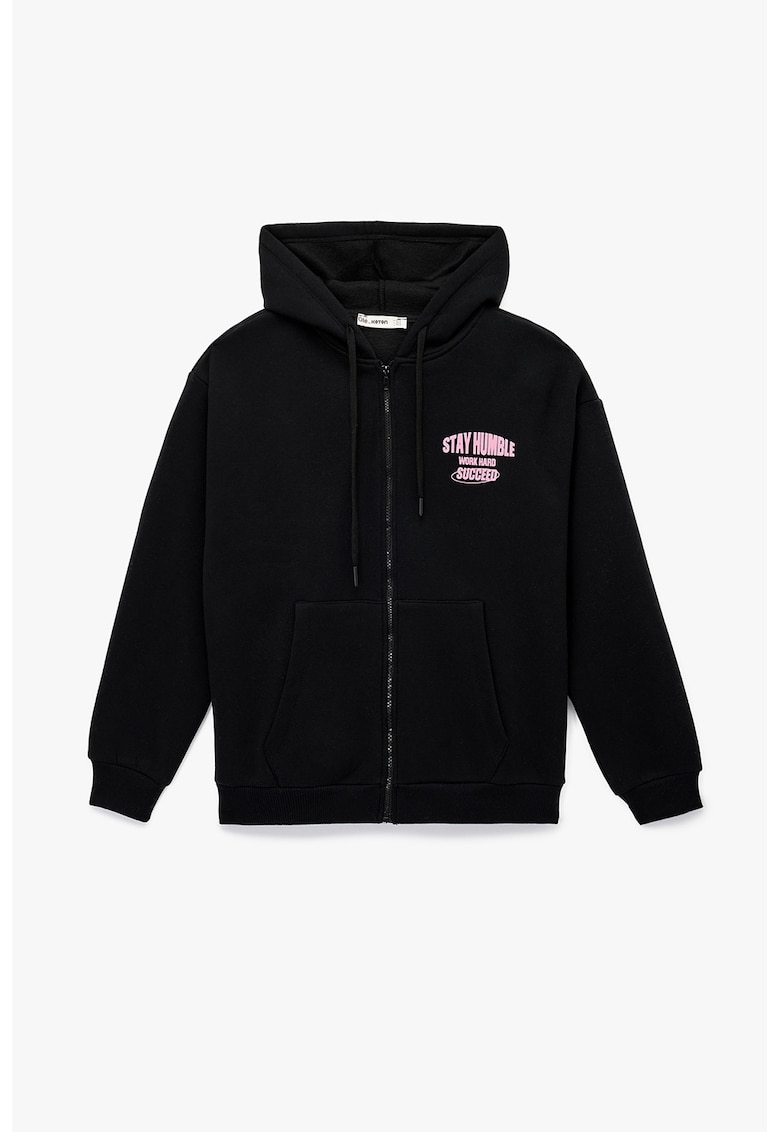 Hanorac din amestec de bumbac cu fermoar si imprimeu pe spate