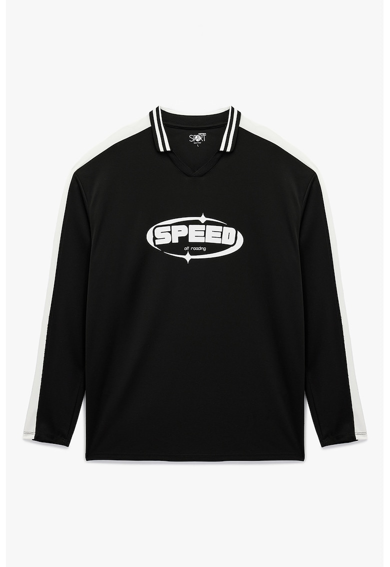 Bluza de trening cu design text si decolteu polo