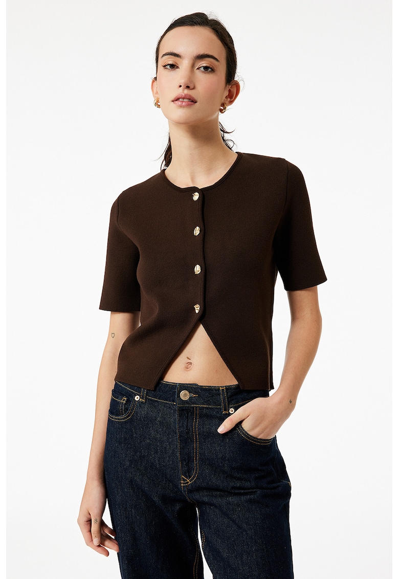 Pulover crop cu decolteu la baza gatului - Maro inchis