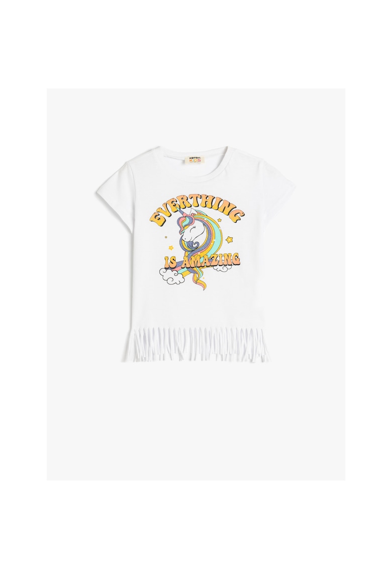 Tricou cu decolteu la baza gatului si model unicorn - Alb