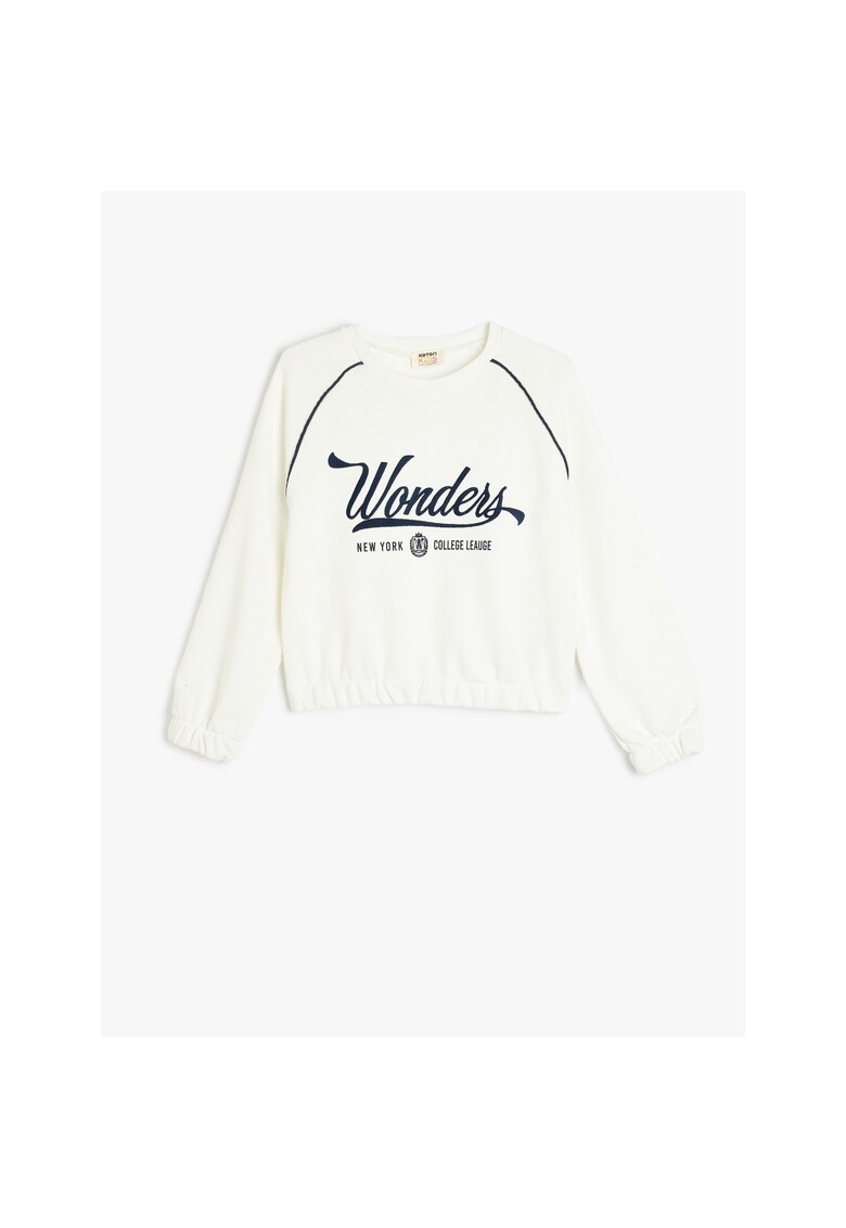 Bluza de trening cu decolteu la baza gatului si imprimeu text - Alb murdar