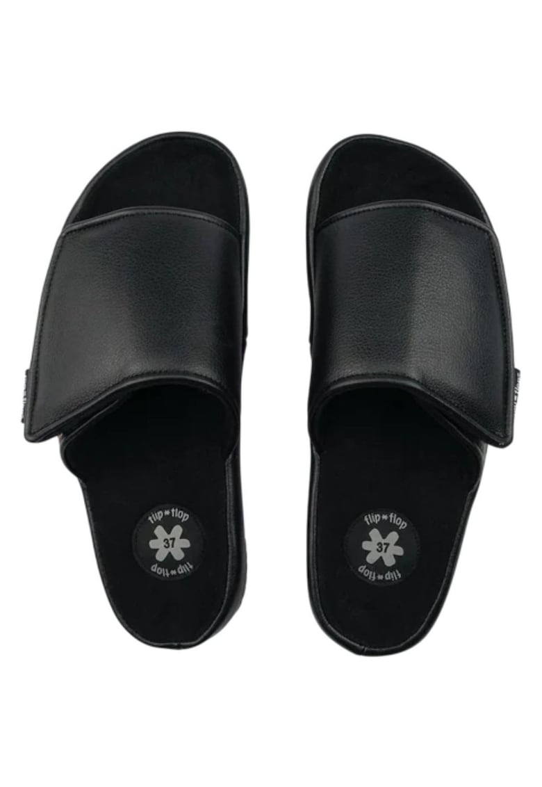 Papuci de dama ecru cu velcro - imitatie de piele deschisa - tip slap - Negru