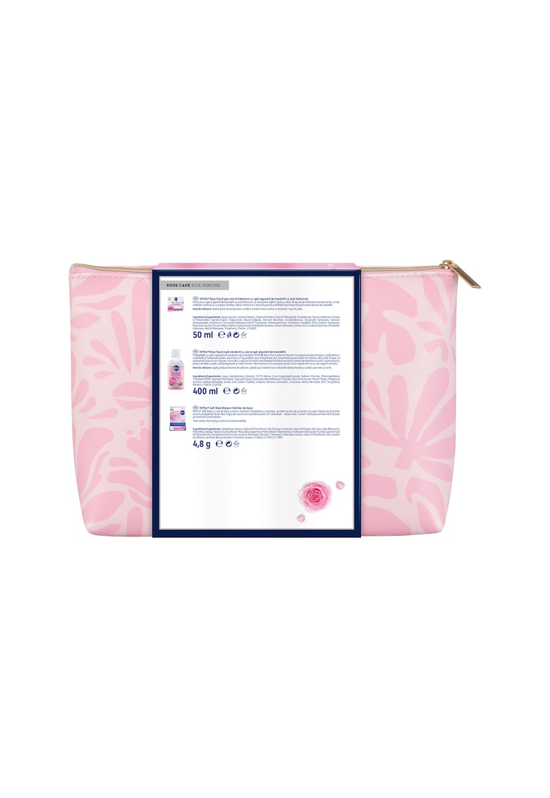 Set: Crema de zi Rose Touch cu apa de trandafiri - 50 ml + Apa micelara NIVEA cu apa de trandafiri 400 ml + Balsam de buze NIVEA Soft Rose 5 -5 ml + geanta cadou