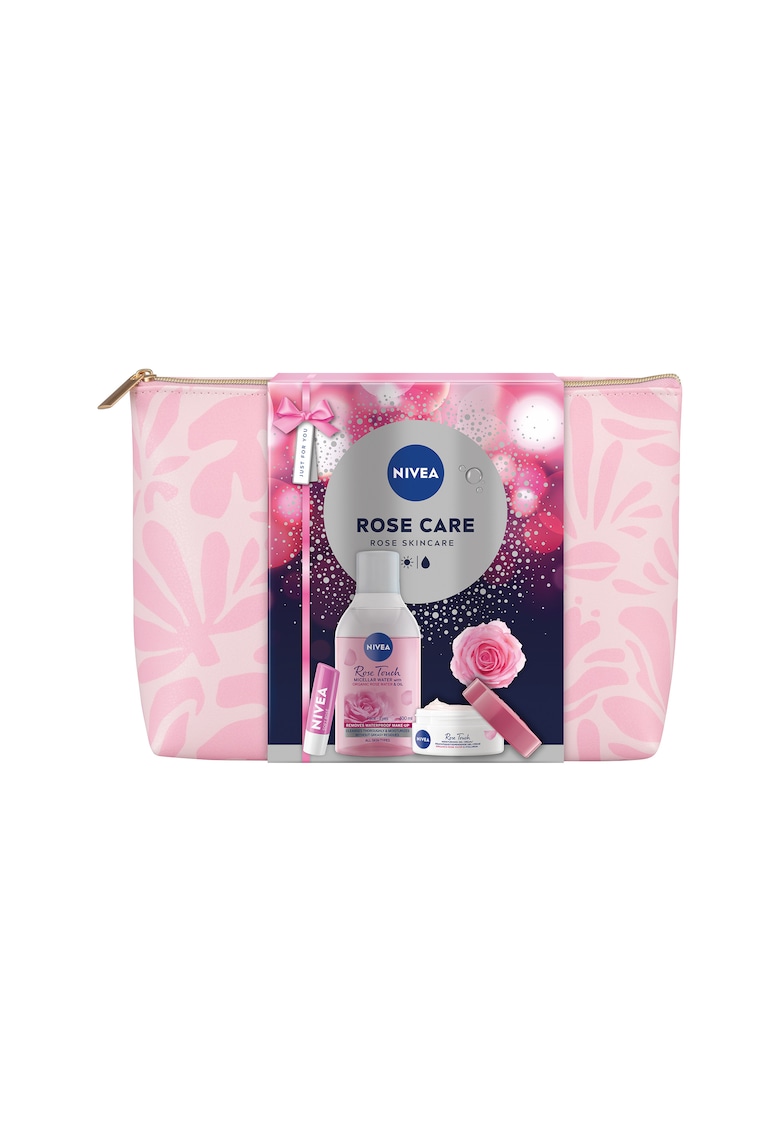 Set: Crema de zi Rose Touch cu apa de trandafiri - 50 ml + Apa micelara NIVEA cu apa de trandafiri 400 ml + Balsam de buze NIVEA Soft Rose 5 -5 ml + geanta cadou