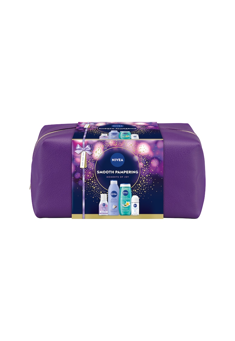 Set: Lapte de corp Smooth Sensation 250 ml + Gel de dus NIVEA Frangipani & Oil 250 ml + Apa micelara pentru ten sensibil 100 ml + Deodorant roll-on NIVEA Fresh Natural 50 ml + geanta cadou