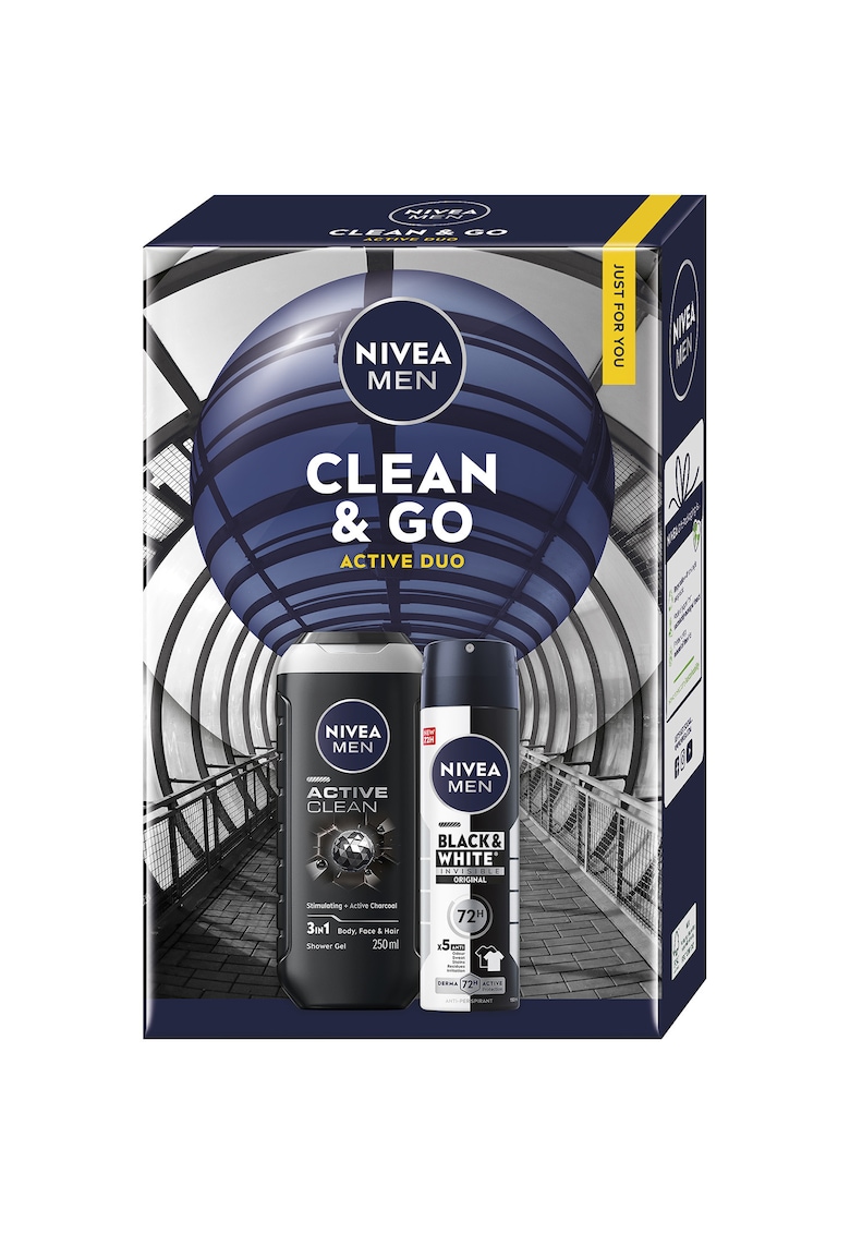 Set: Gel de dus Active Clean 250 ml + Deodorant Spray NIVEA MEN Invisible Black & White 150 ml